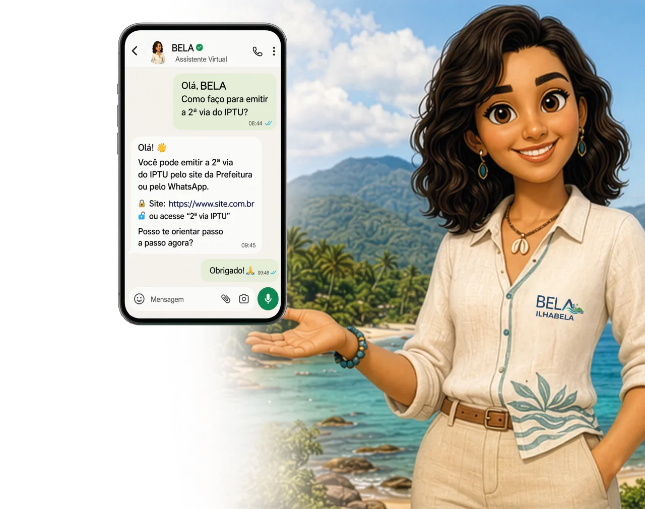 Assistente virtual municipal Bela ao lado de uma conversa de atendimento pelo WhatsApp