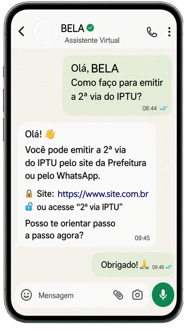 Tela de smartphone com assistente virtual municipal